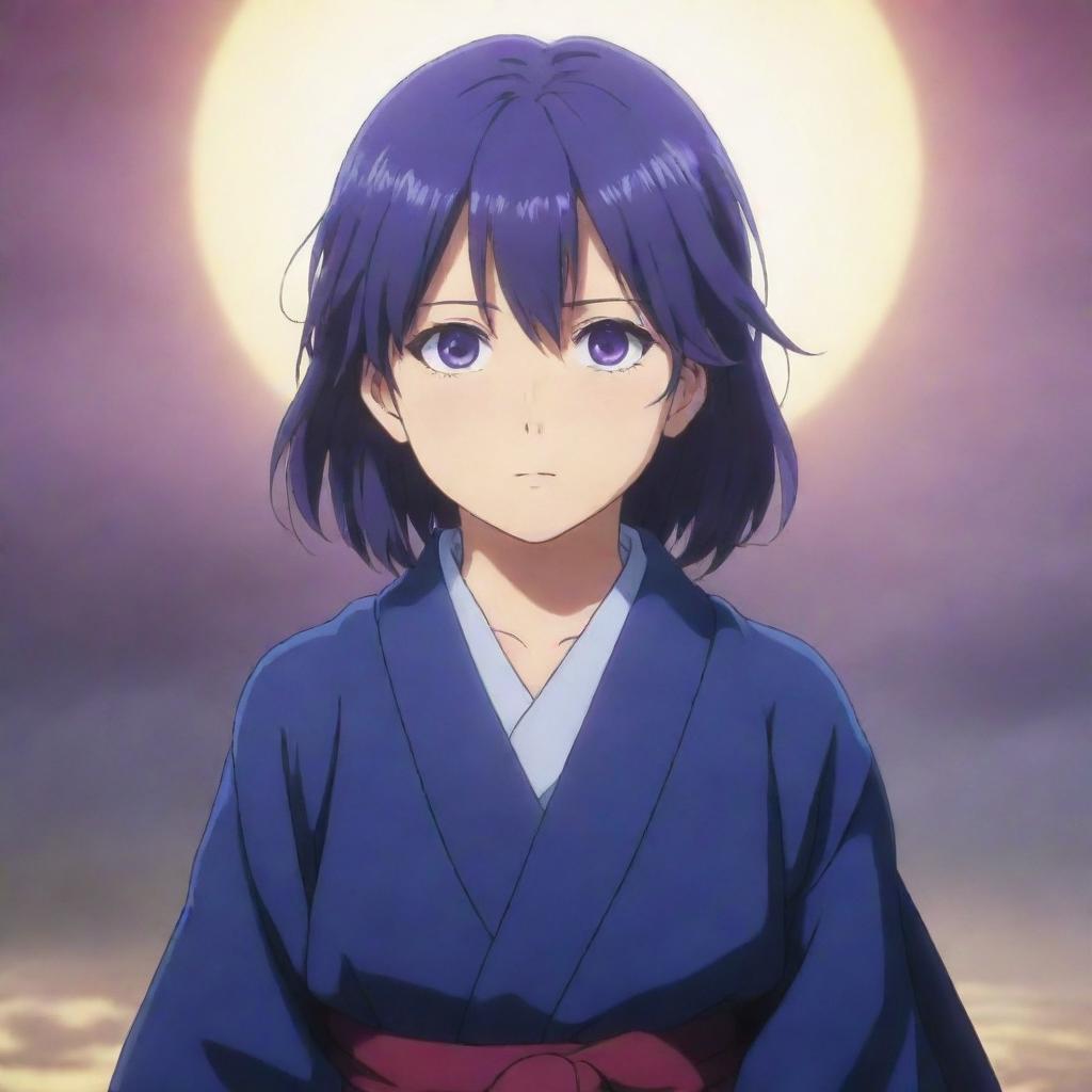 A young girl from the anime 'Akatsuki no Yona', with dark blue hair cascading down her back and shimmering purple eyes filled with determination.