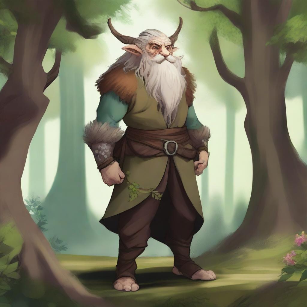 A majestic firbolg standing in a lush forest, surrounded by towering trees and vibrant flora