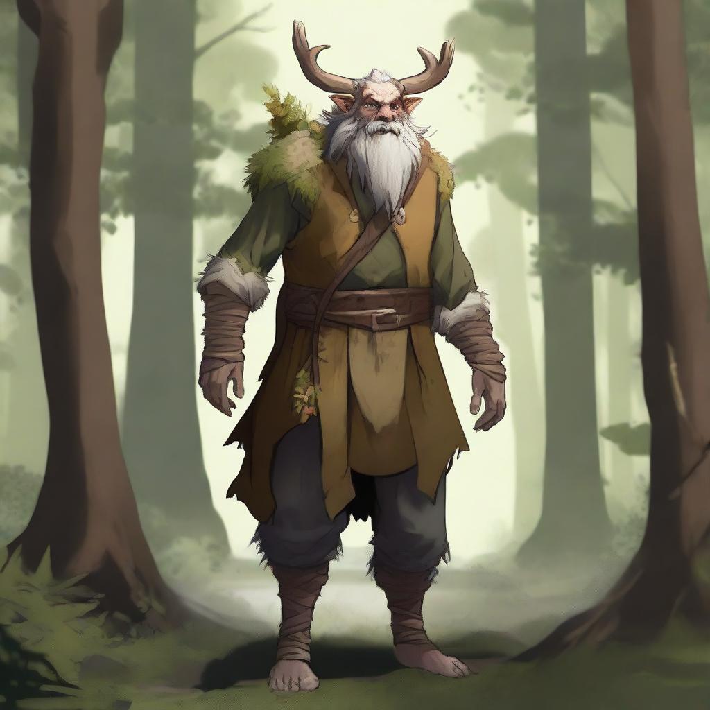 A majestic firbolg standing in a lush forest, surrounded by towering trees and vibrant flora