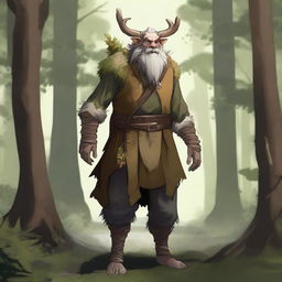 A majestic firbolg standing in a lush forest, surrounded by towering trees and vibrant flora