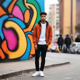 A young person standing in a vibrant urban setting