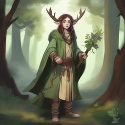 A young firbolg druid standing in an enchanted forest