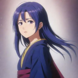 A young girl from the anime 'Akatsuki no Yona', with dark blue hair cascading down her back and shimmering purple eyes filled with determination.