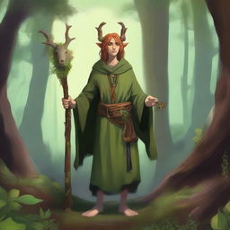 A young firbolg druid standing in an enchanted forest