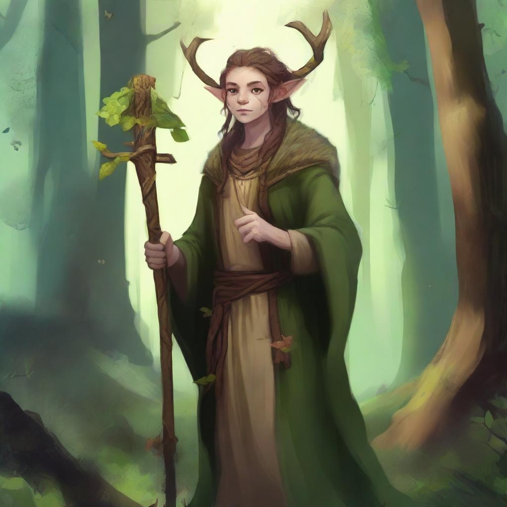 A young firbolg druid standing in an enchanted forest