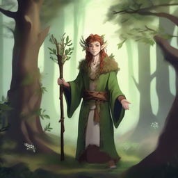 A young firbolg druid standing in an enchanted forest