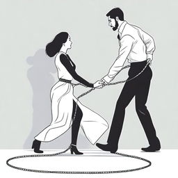 Create an animation-style image of a guy who is chained and being dragged by a lady