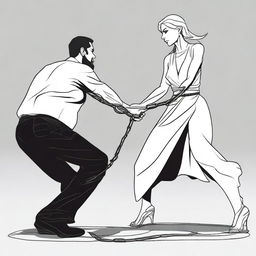 Create an animation-style image of a guy who is chained and being dragged by a lady