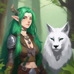 A young firbolg druid with green hair, standing in an enchanted forest