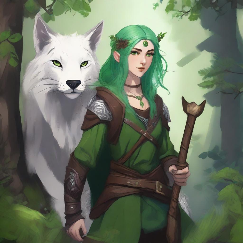 A young firbolg druid with green hair, standing in an enchanted forest