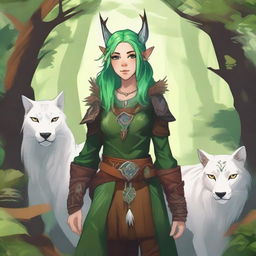 A young firbolg druid with green hair, standing in an enchanted forest