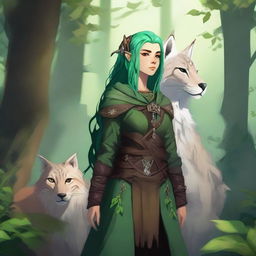 A young firbolg druid with green hair, standing in an enchanted forest