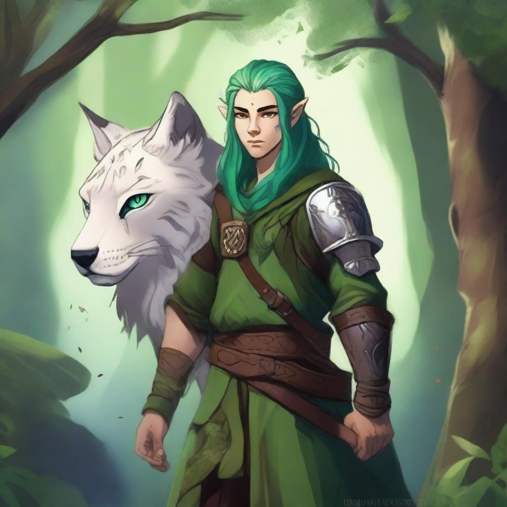 A young male firbolg druid with green hair, standing in an enchanted forest