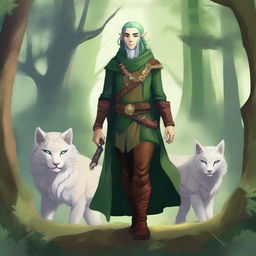 A young male firbolg druid with green hair, standing in an enchanted forest