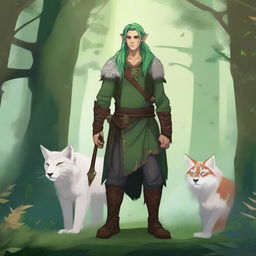 A young male firbolg druid with green hair, standing in an enchanted forest