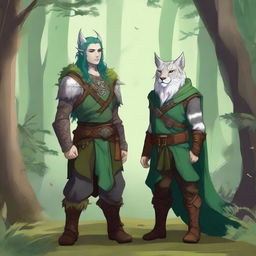 A young male firbolg druid with green hair, standing in an enchanted forest