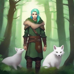 A young male firbolg druid with green hair, standing in an enchanted forest