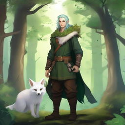 A young male firbolg druid with green hair, standing in an enchanted forest