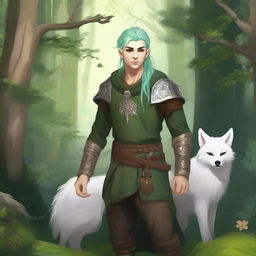 A young male firbolg druid with green hair, standing in an enchanted forest