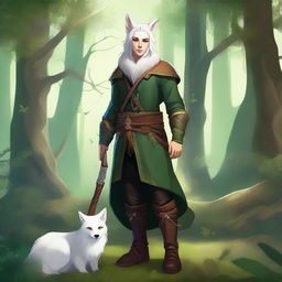 A young male firbolg druid with green hair, standing in an enchanted forest