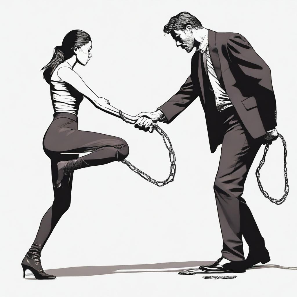 Create an image of a guy who is chained and being dragged by a lady