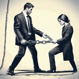 Create an image of a guy who is chained and being dragged by a lady