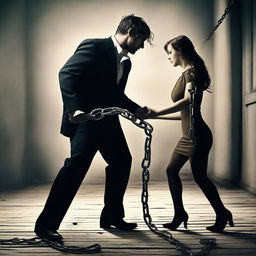 Create an image of a guy who is chained and being dragged by a lady