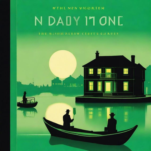 A book cover design featuring the green light at the end of Daisy’s dock, casting a haunting glow over dark water