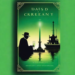 A book cover design featuring the green light at the end of Daisy’s dock, casting a haunting glow over dark water