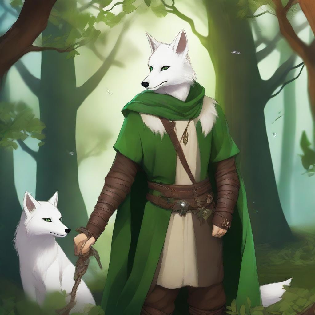 A young male firbolg druid with green hair, standing in an enchanted forest