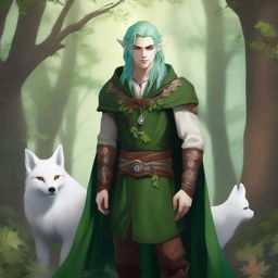 A young male firbolg druid with green hair, standing in an enchanted forest