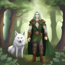 A young male firbolg druid with green hair, standing in an enchanted forest