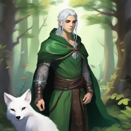 A young male firbolg druid with green hair, standing in an enchanted forest