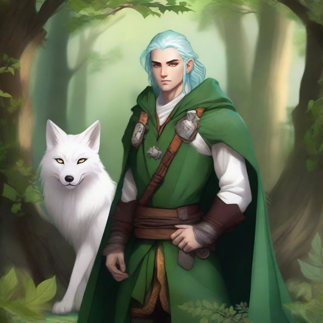 A young male firbolg druid with green hair, standing in an enchanted forest