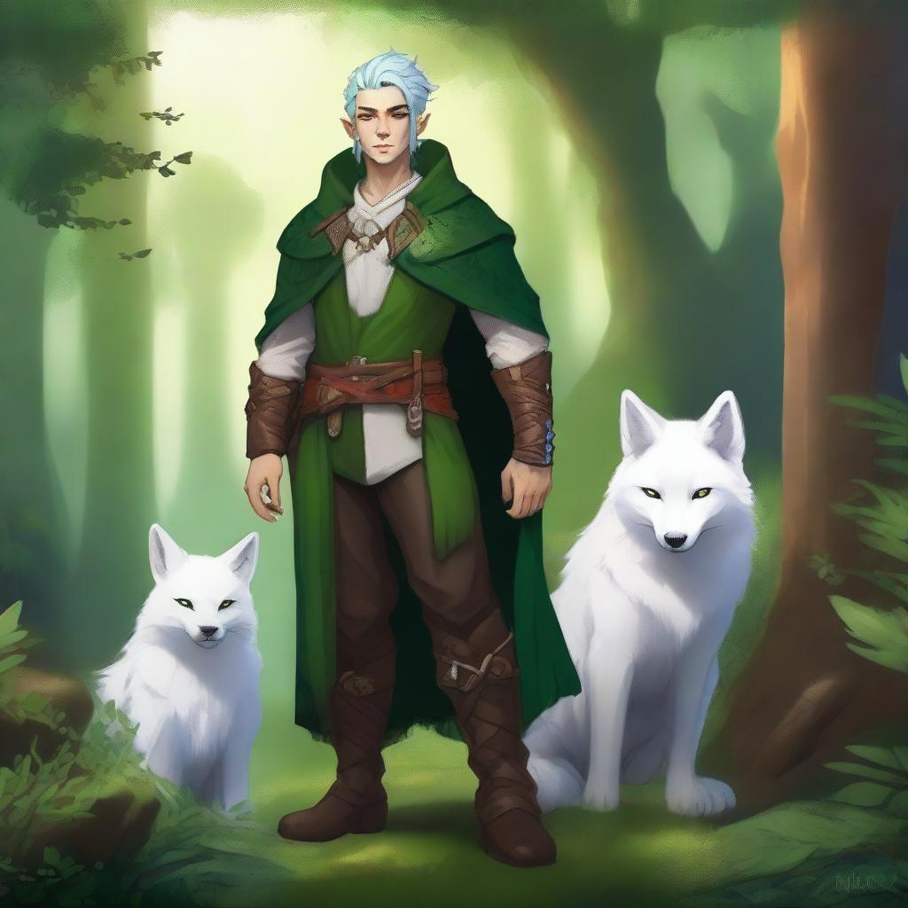 A young male firbolg druid with green hair, standing in an enchanted forest