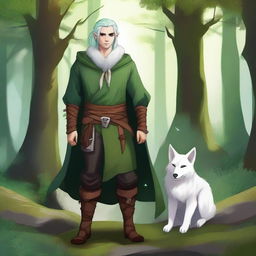 A young male firbolg druid with green hair, standing in an enchanted forest