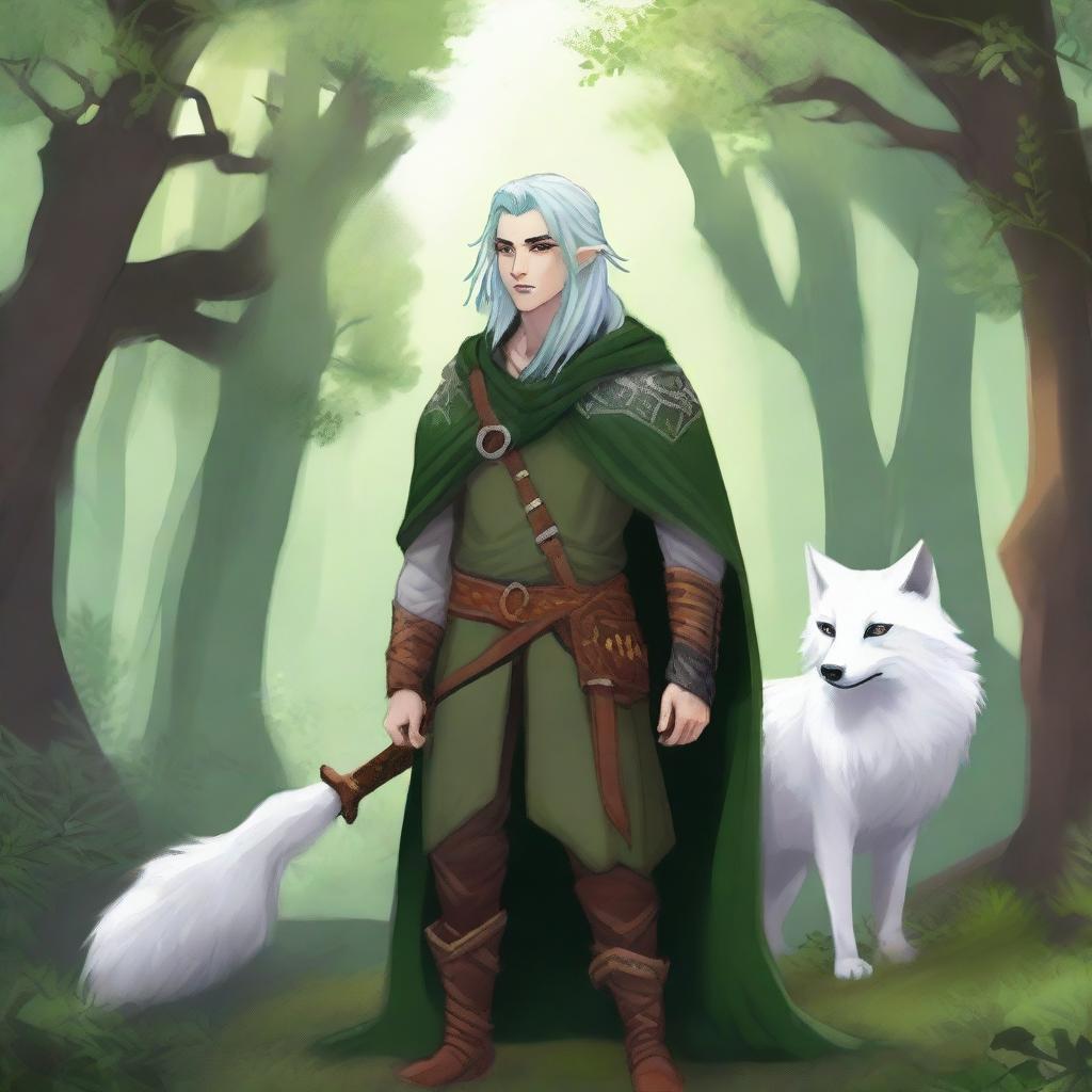 A young male firbolg druid with green hair, standing in an enchanted forest