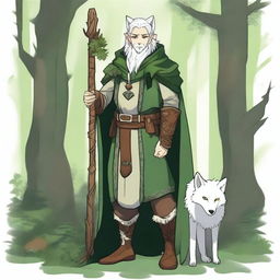 A young male firbolg druid with green hair, standing in an enchanted forest