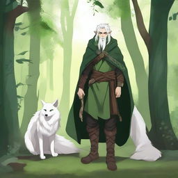 A young male firbolg druid with green hair, standing in an enchanted forest