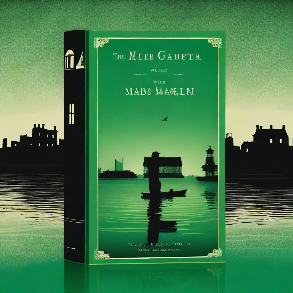 A book cover design featuring the green light at the end of Daisy’s dock, casting a haunting glow over dark water