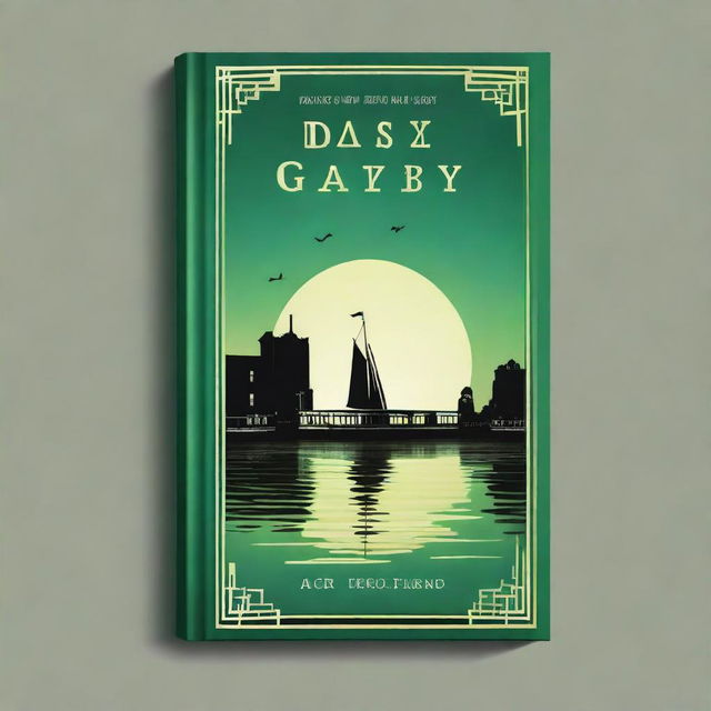 A book cover design featuring the green light at the end of Daisy’s dock, casting a haunting glow over dark water