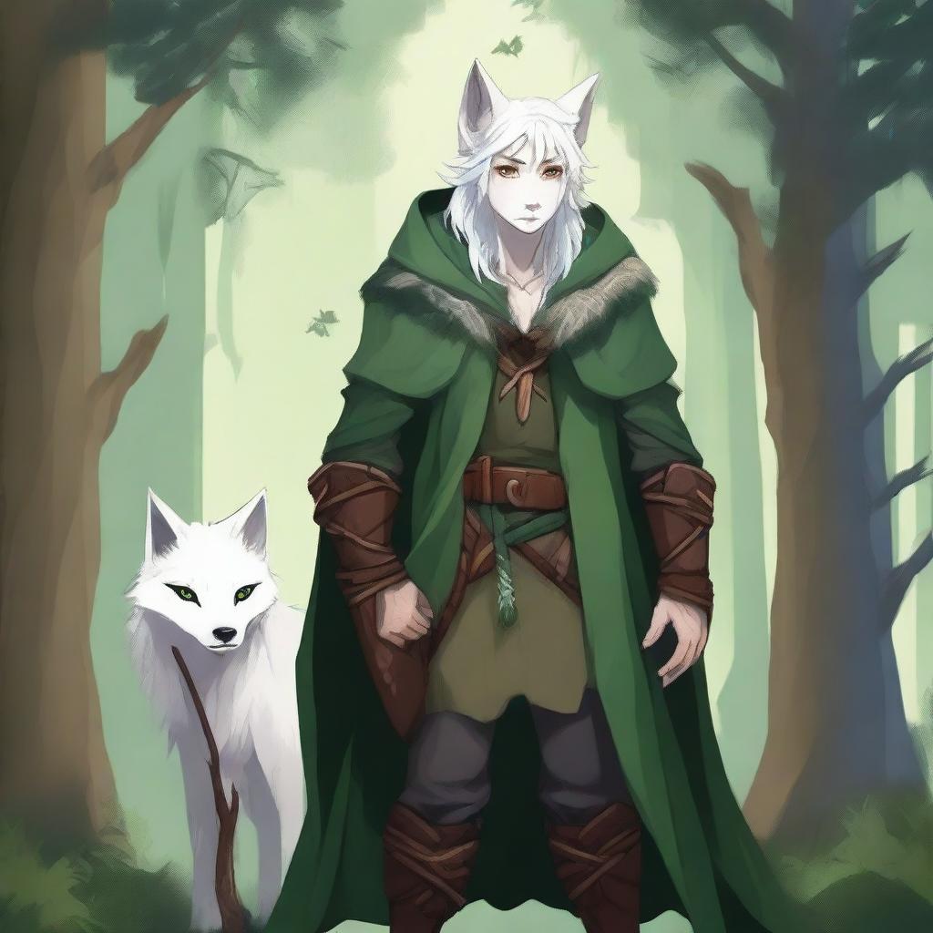 A young male firbolg druid with green hair, standing in an enchanted forest