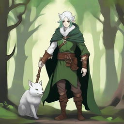 A young male firbolg druid with green hair, standing in an enchanted forest