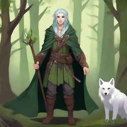 A young male firbolg druid with green hair, standing in an enchanted forest