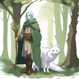 A young male firbolg druid with green hair, standing in an enchanted forest