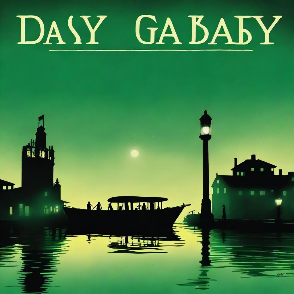 An image of the green light at the end of Daisy’s dock, casting a haunting glow over dark water