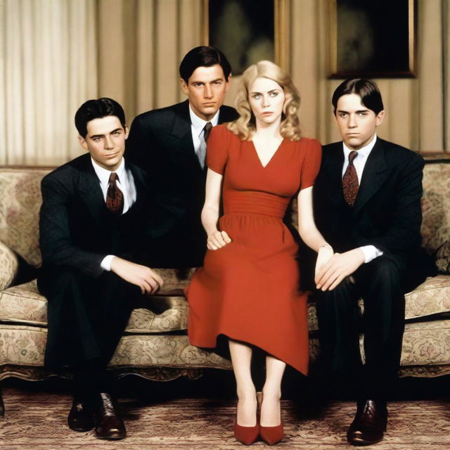 A white American woman in her twenties with long dark brown hair is laid on a sofa wearing a red dress