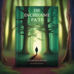 Create a captivating book cover featuring an enchanted forest at dusk, with a mysterious glowing path leading into the trees