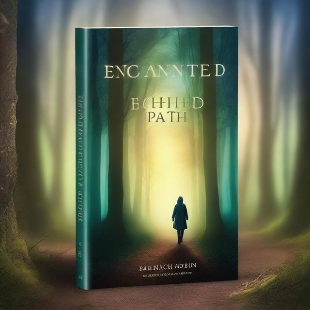 Create a captivating book cover featuring an enchanted forest at dusk, with a mysterious glowing path leading into the trees