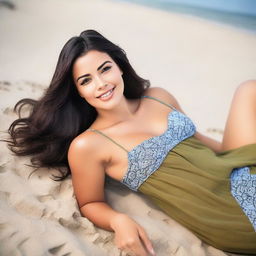 A sensual woman in her 20s laying on the beach on her back